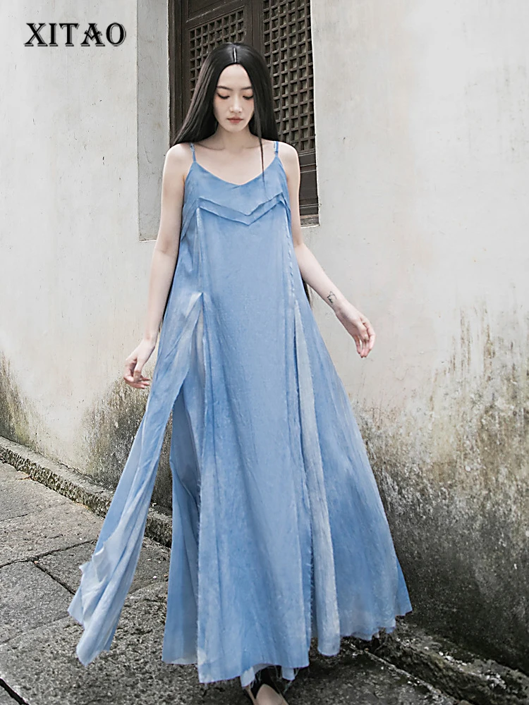 

XITAO винтажное лоскутное платье на бретельках, модное женское летнее платье без рукавов с круглым вырезом, повседневное свободное асимметричное платье, WLD13630