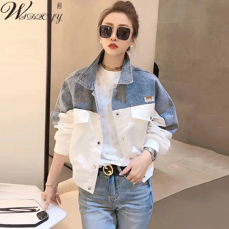 

Vintage Color Patchwork Denim Jacket Women 2023 Korean Fashion Long Sleeve Jean Coat Casual Letter Print Single Breasted Outwear