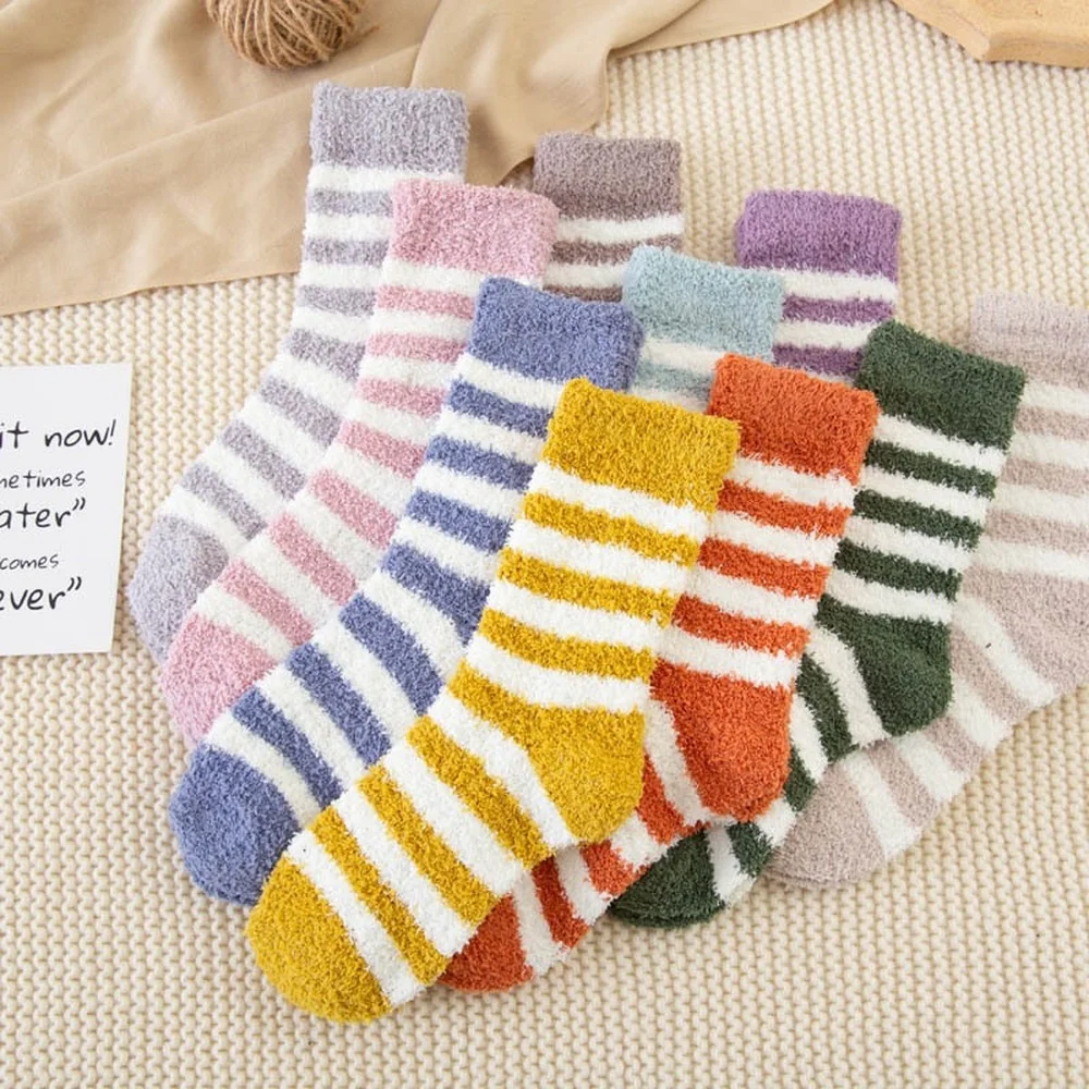 10 Pairs Autumn and Winter Thickened Striped Coral Fleece Socks Women Warm Home Sleeping Socks Mid-tube Plush Floor Socks