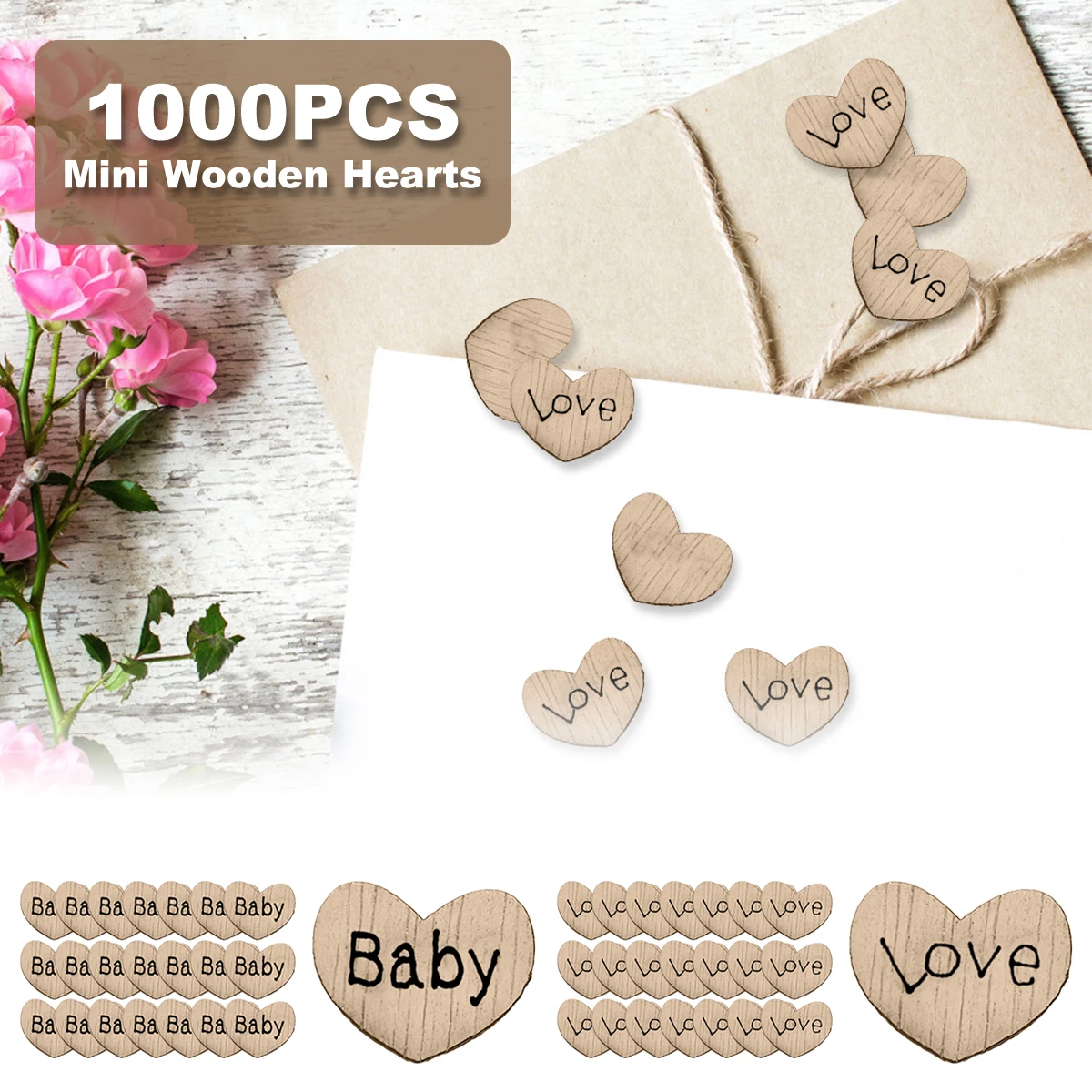 

1000 шт., деревянные мини-сердца с гравировкой