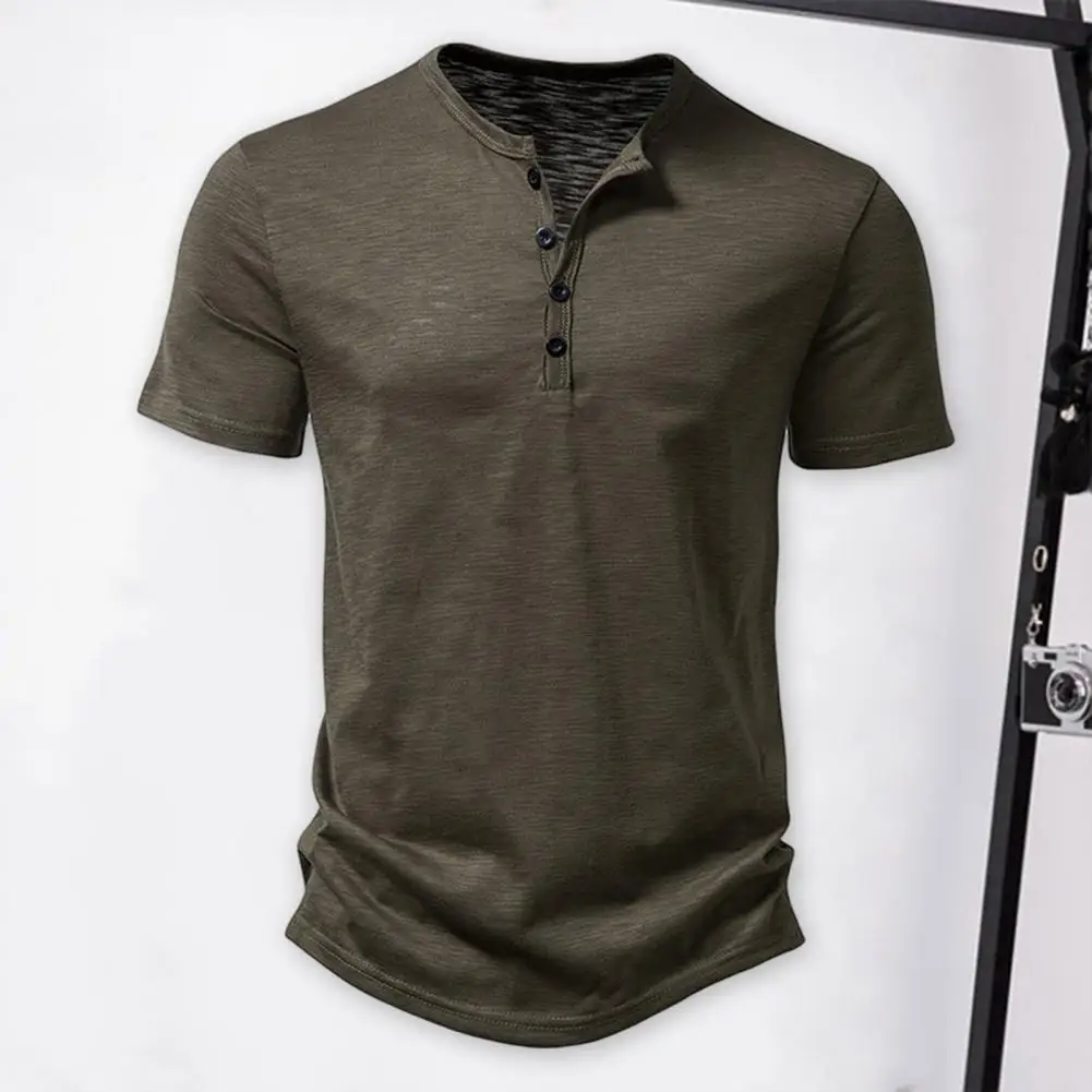 

Men Summer T-shirt Solid Color Pullover Buttons O Neck Short Sleeves Daily Wear Thin Mid Length Breathable Men Top Men Clothes