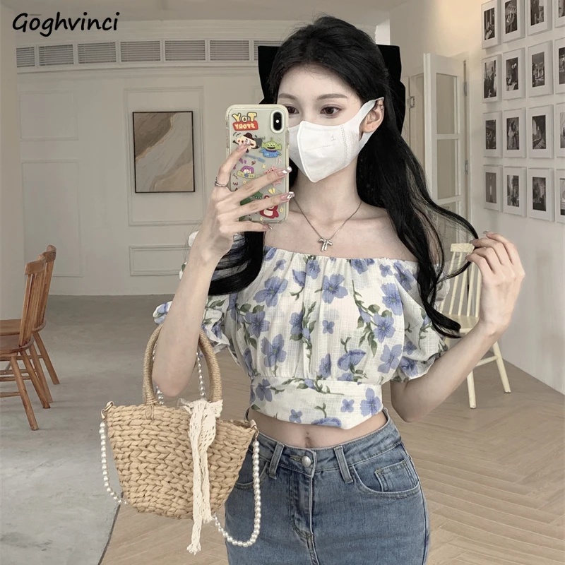 

Puff Sleeve Floral Blouses Women Prairie Chic Cropped Slash Neck Sexy Elegant Korean Style Modern Romantic Sweet Fashion Ins New