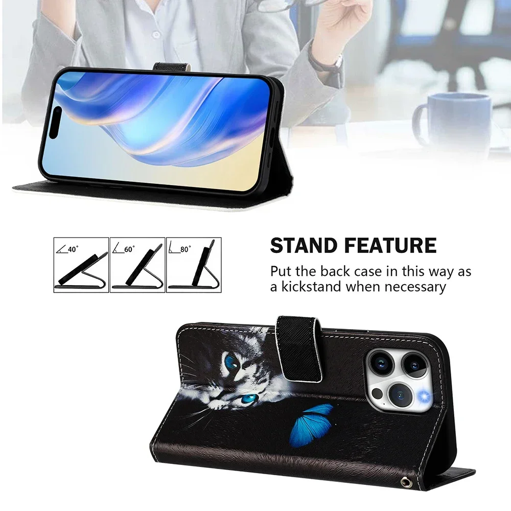 Coloured Drawing Wallet Case for iPhone SE4 SE3 SE 8 7 6 6S Plus 16 Pro Max Shockproof Stand Card Holder Strap Flip Phone Cover