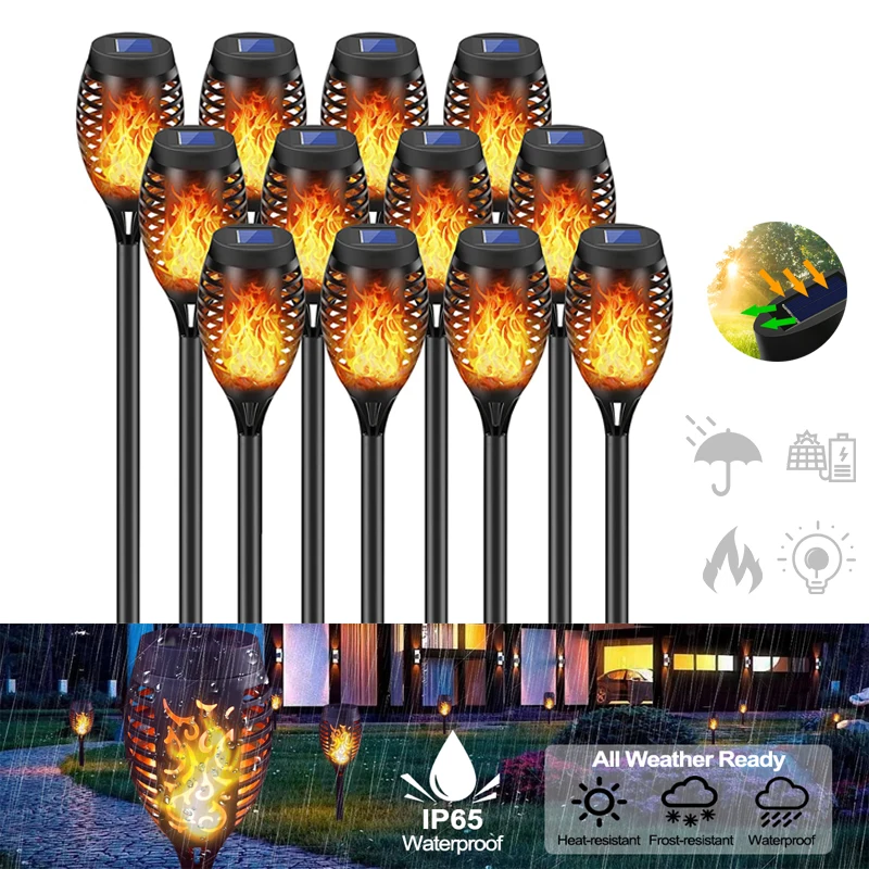 12LED Tiki Flickering Torch Solar Lights Waterproof Outdoor Mini Solar Flame Lights for Garden Patio Yard Pathway Decoration