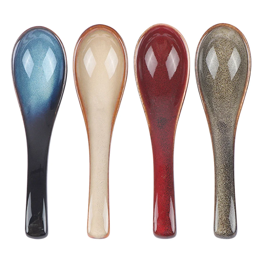 

4Pcs Porcelain Soup Spoons Ceramic Coffee Spoon Chinese Spoons Serving Cutlery Porridge Spoon Japanese Spoon