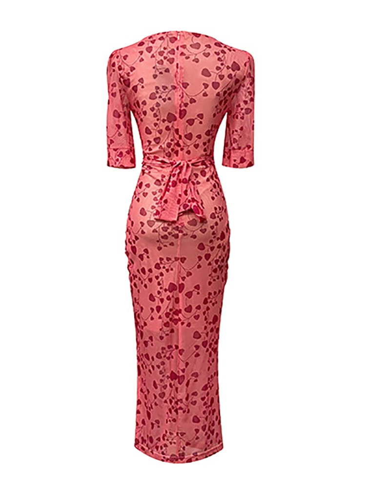 Женское повседневное длинное платье в горошек розовое элегантное Сетчатое с