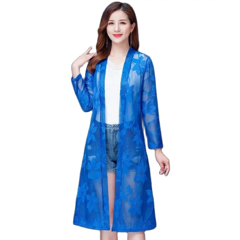 

Lace Women's Long Coat Korean Version Of Self-cultivation With Openwork Shawl With Skirt Coat Long Sleeve Sunscreen CardiganLady