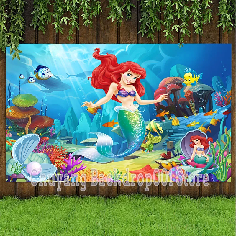 

Фон для студийной фотосъемки с изображением маленькой Русалочки Ариэль и подводного мира Русалочки для девочек на день рождения