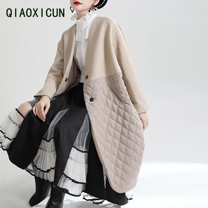 2022 Winter Ladies Fashionable Simple Stitching Quilted V-Neck Loose Woolen Coat Thickened Warm Contrasting Color Padded Jacket