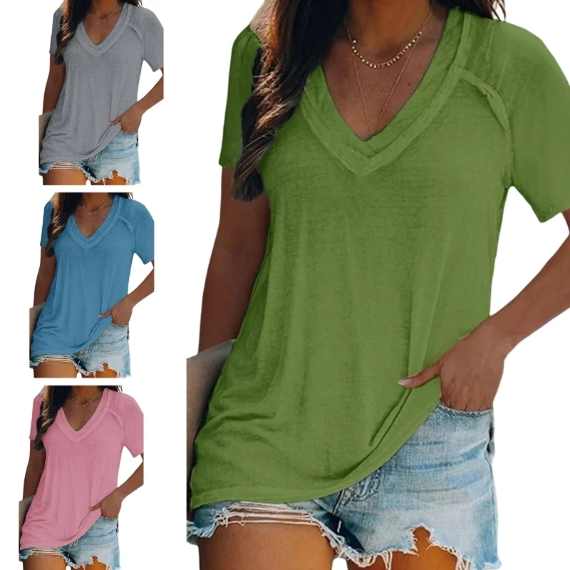 

Womens Summer Casual Raglan Short Sleeve Loose T-Shirts V-Neck Crimped Patchwork Solid Color Blouses Pullover Tunic Top