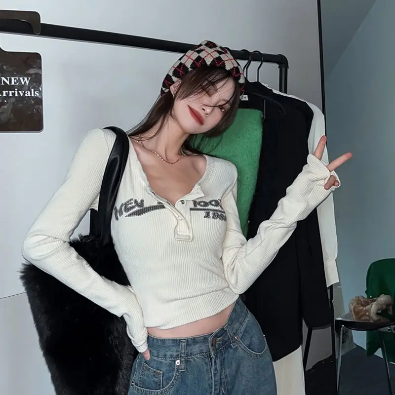

Y2K Long Sleeve Knitted T-shirt Women Graffiti Print Elastic Bottoming Shirt Korean Sexy Slim Crop Tops Vintage Grunge Tee 2023