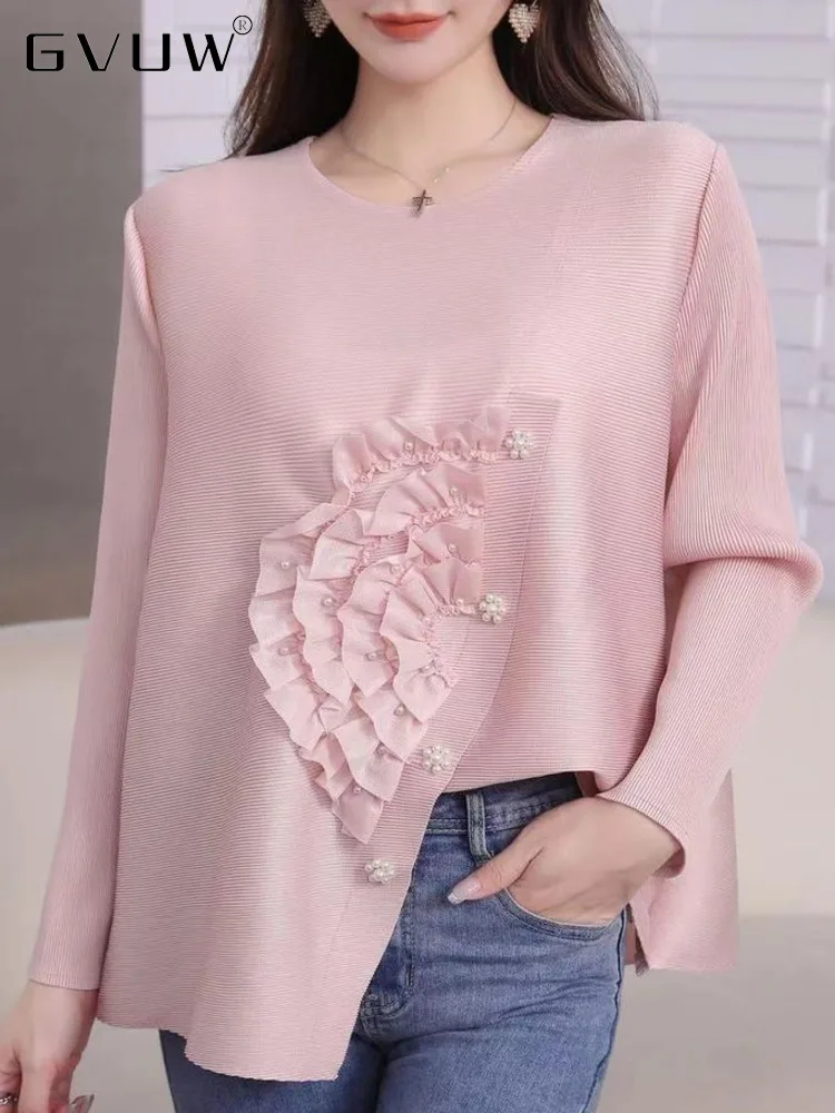 

Женская плиссированная футболка с вышивкой GVUW, лоскутный топ с круглым вырезом, длинным рукавом и разрезом, весна 2023