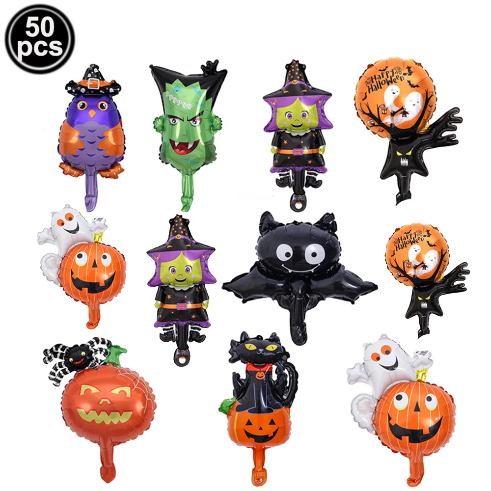 

50pcs Mini Halloween Foil Balloons Witch Ghost Owl Wizard Pumpkin Spider Monster Ghost Tree Mini Balloon Halloween Party Decors