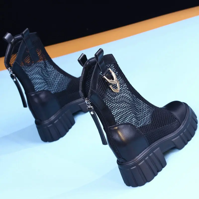 

Mesh Martens Boots Women's Summer Thin 2022 New Height Increasing Insole Breathable Soft Leather Ankle Hollow Sandal Boots