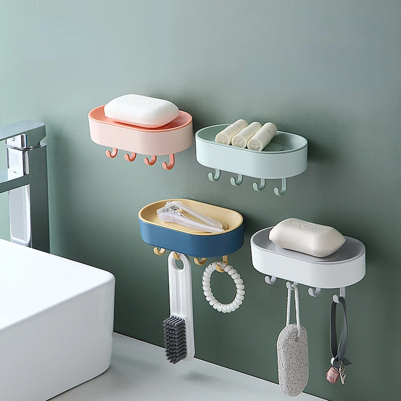 

Creative Draining Soap Box with Hook Household Double-Layer Punch-free Wall-Mounted Creative Soap Holder Bathroom Soap Holder