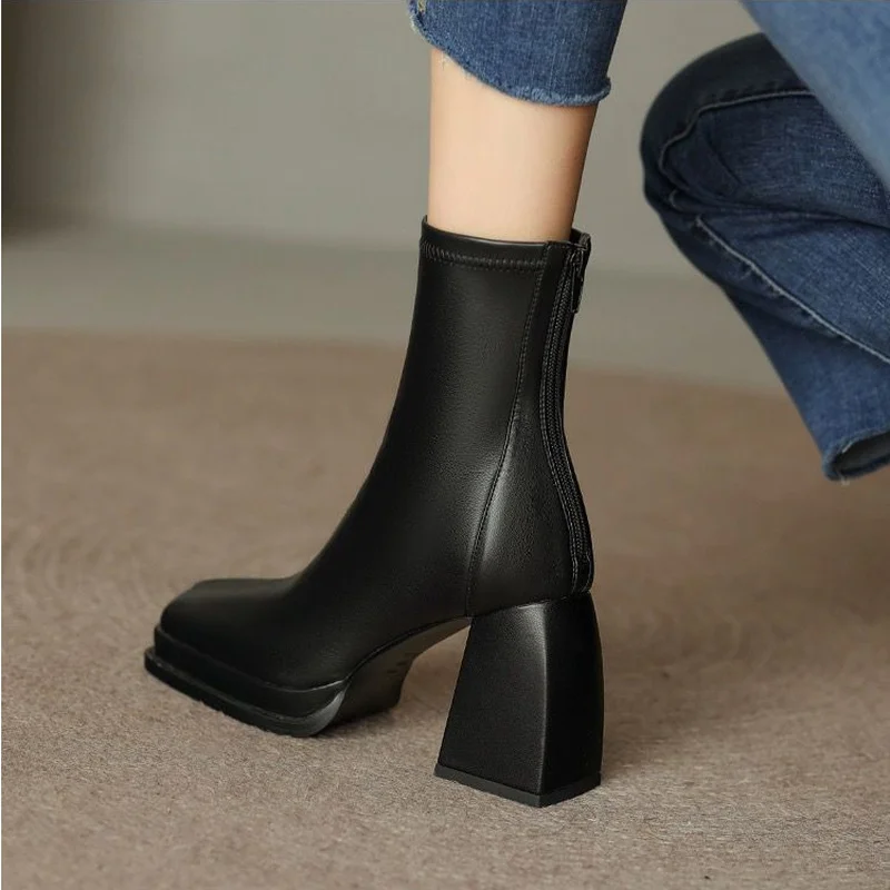 2022 Square Low Heel Fashion Ankle Boots Genuine Leather Short Boots Square Toe Zipper Winter Women Shoes Size 34-39