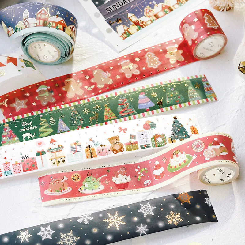 

8 Styles Retro Christmas Eve Gold Stamping Masking Washi Tape Snowflake Xmas Tree DIY Decorative Adhesive Tape Stationery