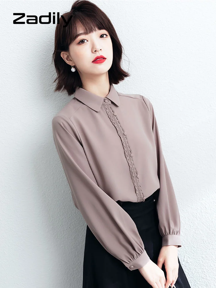 

Spring Office Lady Shirt Women Elegant Embroidery Long Sleeve Solid Chiffon Shirts Blouse Work Female Tops Clothes
