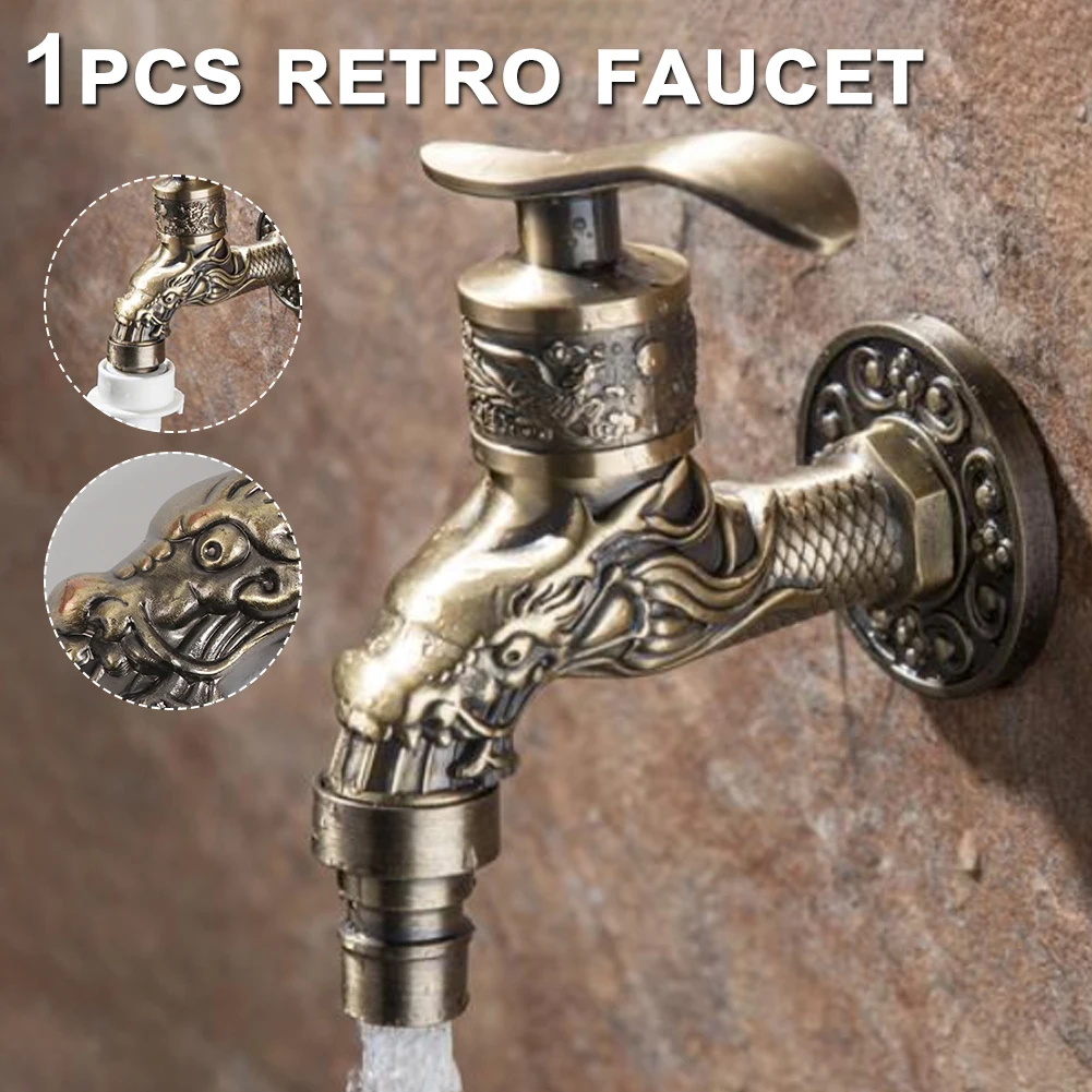 

Hot Sale Carved Wall Mount Zinc Alloy Antique Bronze Bibcock Decorative Outdoor Garden Faucet Washing Machine Faucet Small Taps
