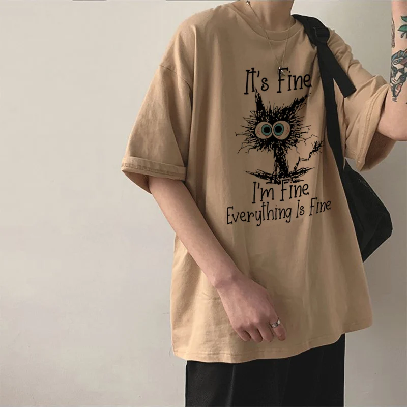 

Fashion It's Fine I'm Fine Everything Is Fine Funny cat T Shirts Men Short Sleeve Print Pure Cotton Streetwear Tee Top Gift Idea