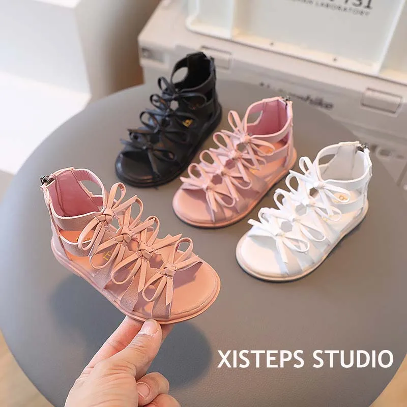 XISTEPS Sweety Girls Pink Sandals Soft Leather Gladiator Shoes 2023 Summer Fashion Children's Sandals Zipper Up Baby Sandals