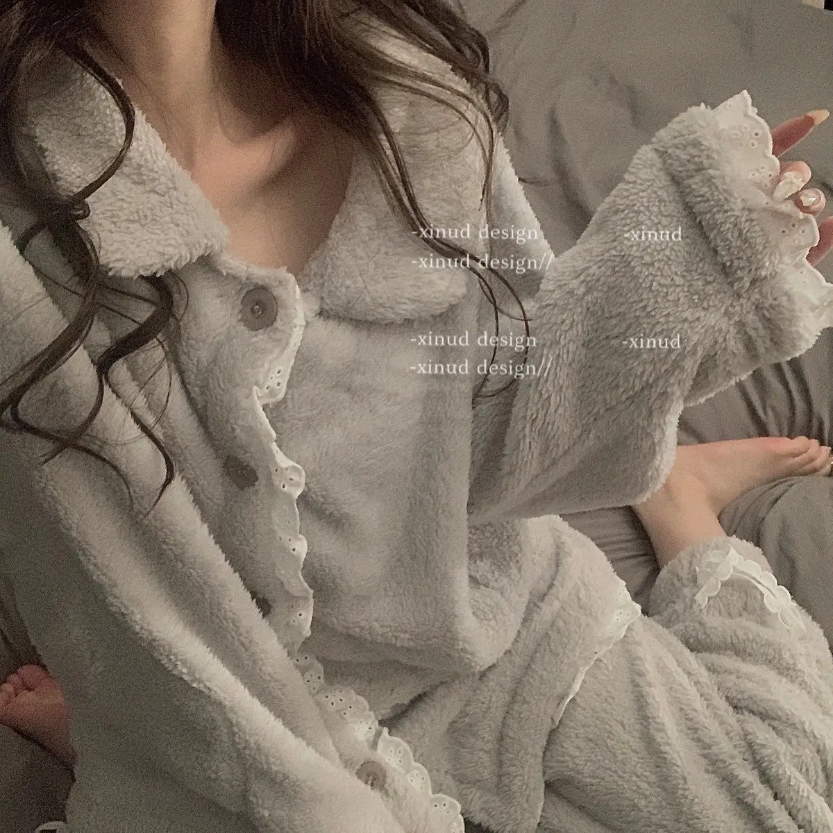 Pajamas Female Winter Ins Net Red Sweet Cardigan Lace Thickened Facecloth Girl Pajama Sets Night Gown Sleep Tops Sleepwear Women