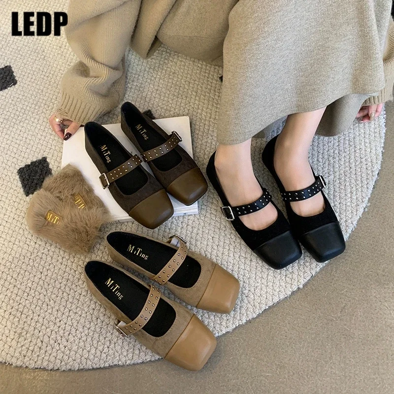 

Mary Jane Ladies Patchwork Shallow Buckle Strap Female 2023 Flock Square Toe Single Shoes Women's Flats Rivet Daily Chic Vintage