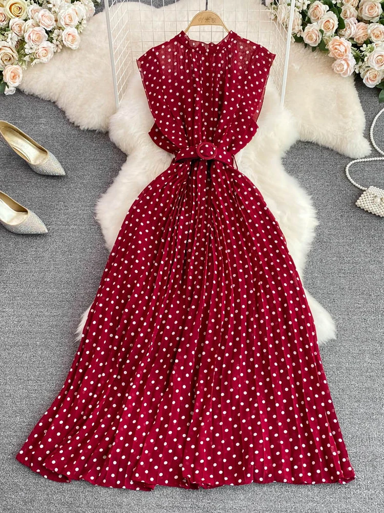 

Summer Women Red/Blue/White/Yellow Polka Dot Dress Female Elegant Ruffle Neck Sleeveless High Waist Pleated Vestidos With Belt