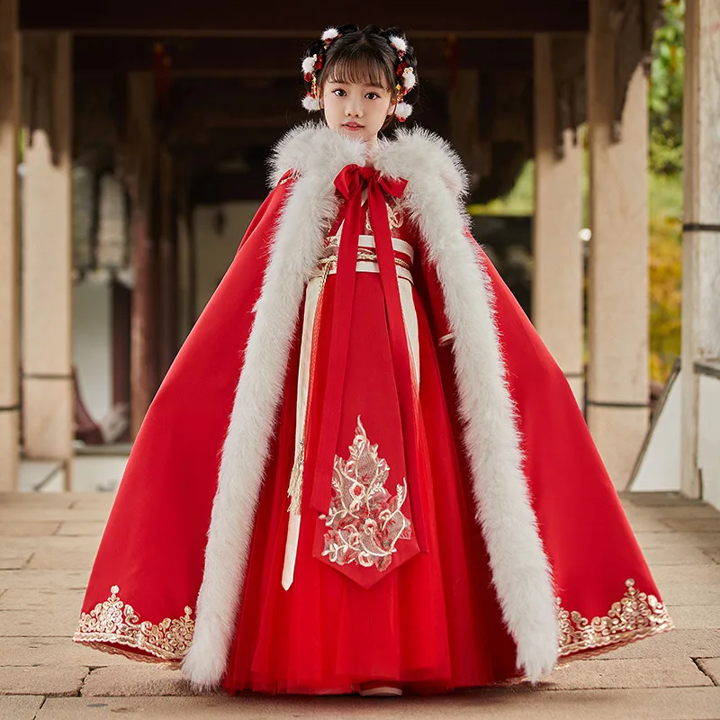 Winter Chinese Style Red Embroidery Dress And Cloak Girls Warm Thick Hanfu New Year's Clothing Tang Suit