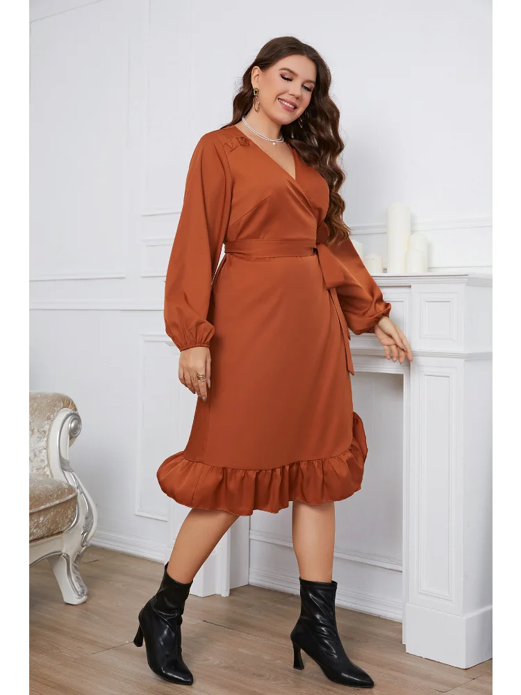 Long Sleeve Large One Piece Waist Wrap Dress plus size women clothing  vestido feminino v neck dress