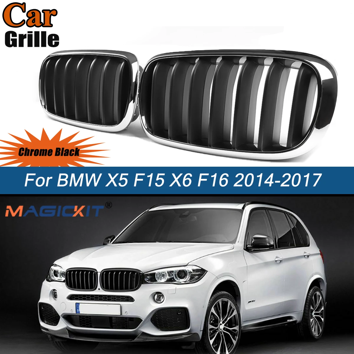 

For BMW F15 F16 X5 X6 2013-2015 Chrome Black Grill 1 Pair Front Bumper Right &Left Replacement Grille