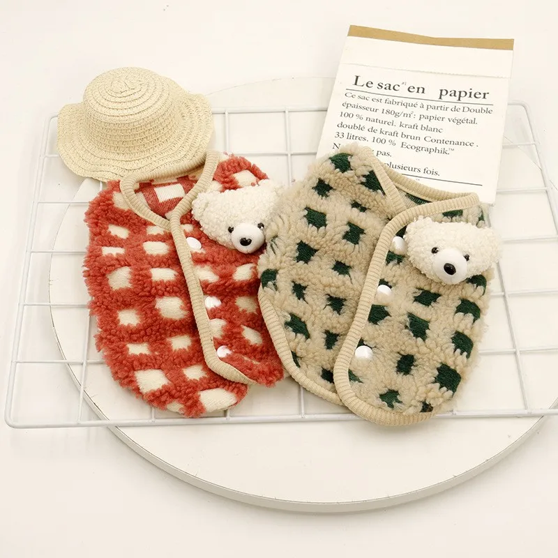 

Winter Pet Dog Clothes Fleece Warm Coat Puppy Clothing Lattice Bear Doll Vest For Small Dog Yorkshire Costumes Jacket Ropa Perro