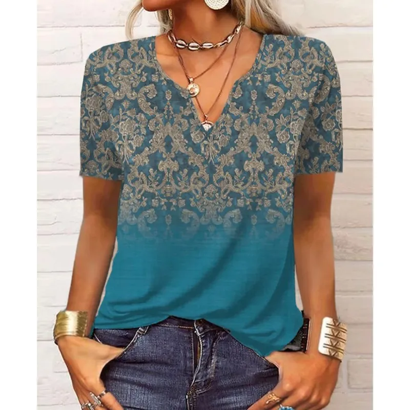 Повседневные свободные винтажные топы с v-образным вырезом и принтом женская