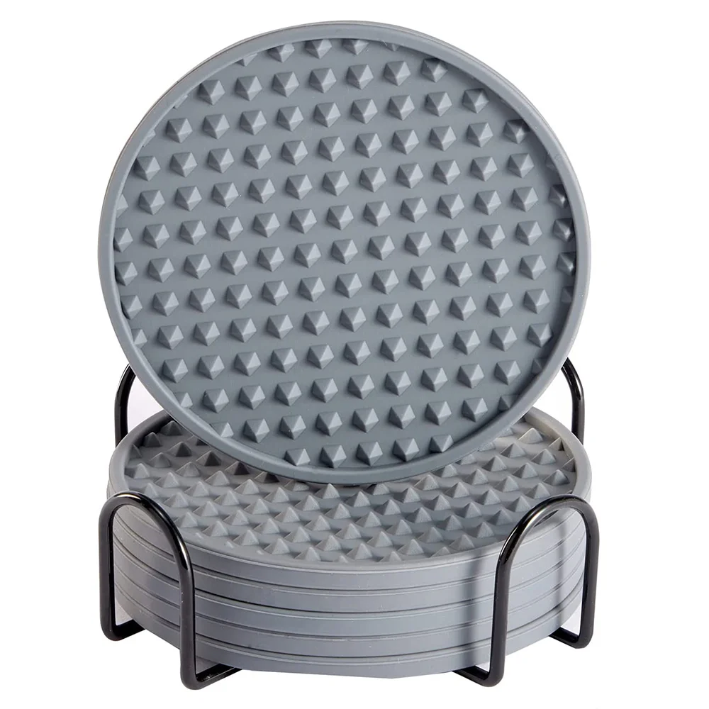 

6Pcs Silicone Coaster Drink Coaster with Holder Coffee Coaster Suitable for Bar Desktop Non-Slip(Grey)