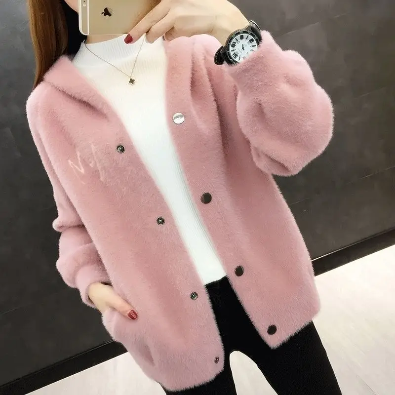 

Women Solid Loose Sweaters Cardigans Female Hooded Knitwear New All-match Jumper Tops Ladies Long Sleeve Buttons Sweater G218