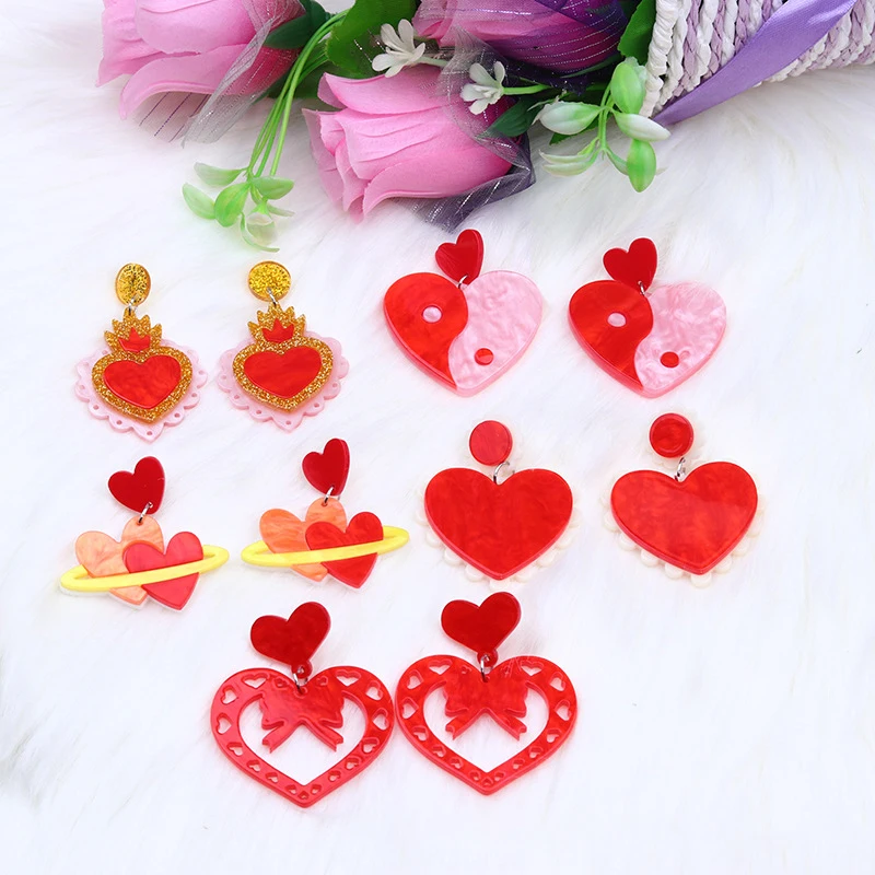 

VSnow Fantasy Valentine's Day Red Love Heart Arcylic Dangle Earings for Women Hollow Out Bow Tie Splicing Earings Jewelry