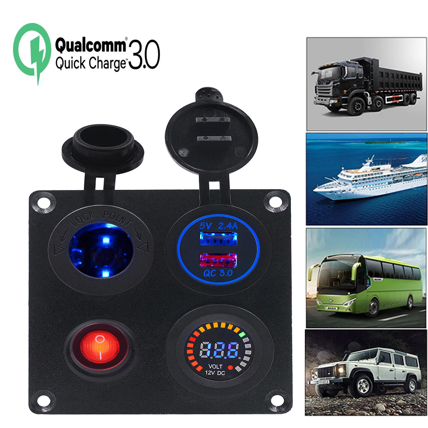 

4 In1Combination Switch Panel Dual USB Fast Charger 12V Cigarette Lighter QC3.0 Socket Connector Voltmeter Car Boat Plug Adapter