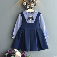 little girls long sleeves striped shirt dresses two piece splicing outfits fashion japan korean kids clothes blue dress 2 8 year