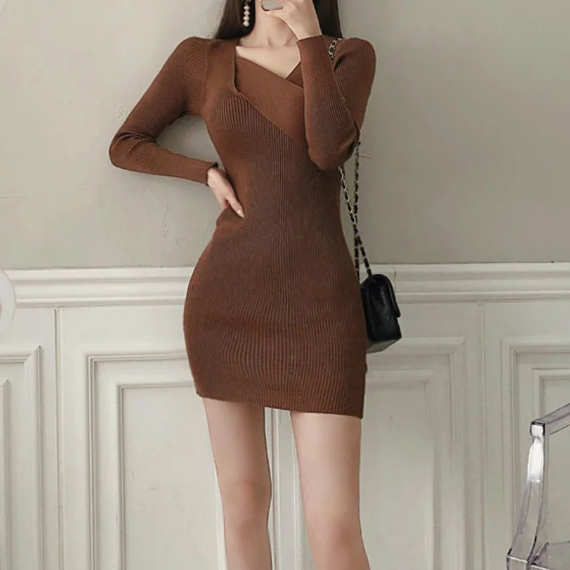 

Female Autumn Fashion Chic Party Midi Dress Woman Winter Fall V-Neck Sorrel Long-Sleeve Dress Streetwear Casual Ladies Knitted