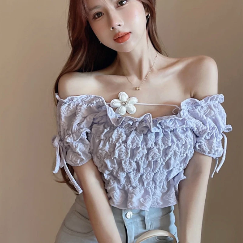 

Chic 3D Flower Off Shoulders Folds Ruffles Blouses Elastic Folds Lace Up Chiffon Shirt Slash Neck Puff Sleeves Lotus Tops Blusas