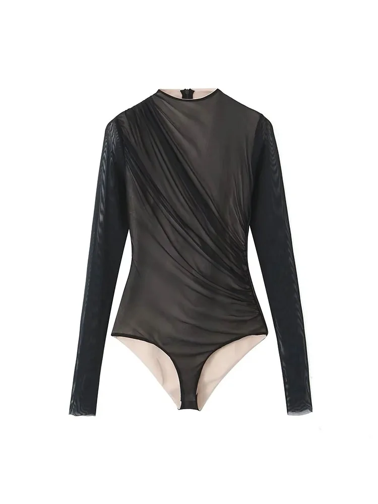

TRAF Women Rompers Bodysuits Women Long sleeve Backless Beach Holiday Slim Jumpsuit Female Tulle Elegant Sexy Body Tops
