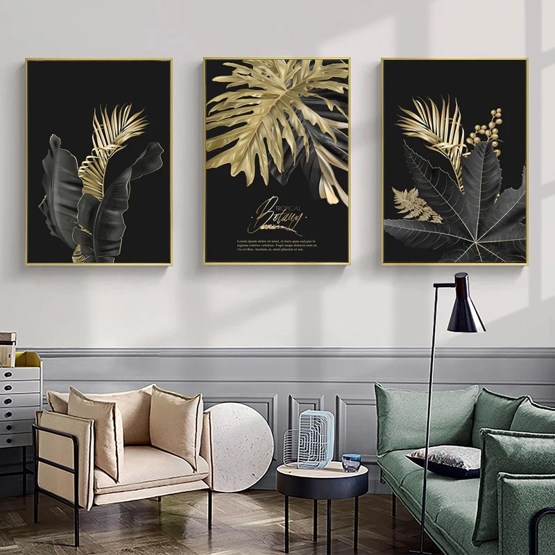 

Abstract Black Golden Leaf Nordic Poster Plant Canvas Painting Prints Wall Art Pictures for Living Room Modern Art Home Decor