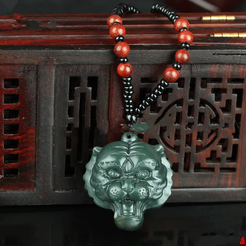 Natural Hotan Jade Sapphire Tiger Head Pendant for Men and Women