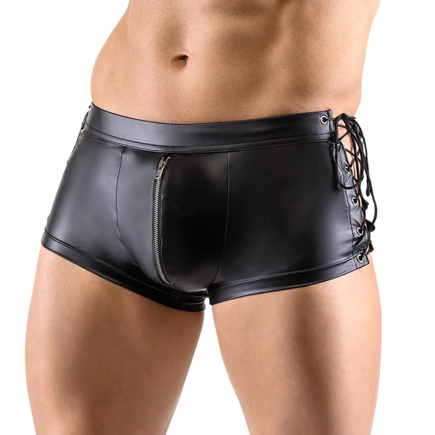 YUFEIDA Mens Sexy Lingerie Panties Faux Leather Zipper Bulge Pouch Boxer Shorts Gay Sexy Clubwear Boxer Shorts Bandage Underpant