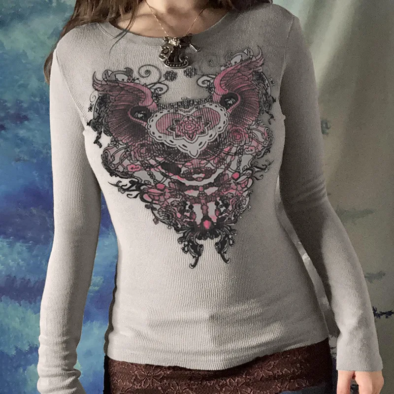 

Goth Dark Fairy Grunge Y2k Retro Aesthetic Print T-shirts 90s Streetwear Vintage Gothic Women Crop Tops Long Sleeve Bodycon Tees