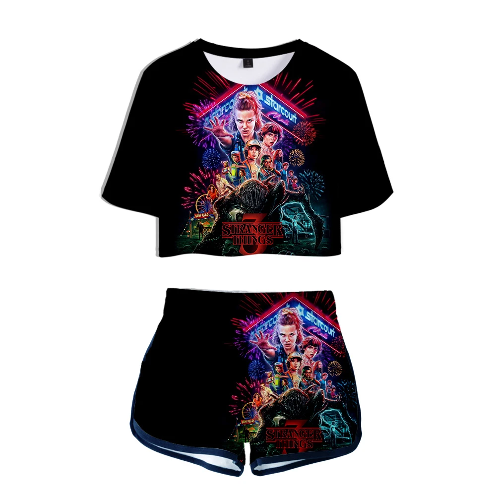 

Women T shirt Suit TV series Stranger Things Printed Two Piece Set WoBoy Girls Crop Tops Shorts Stranger Things Dew navel Short