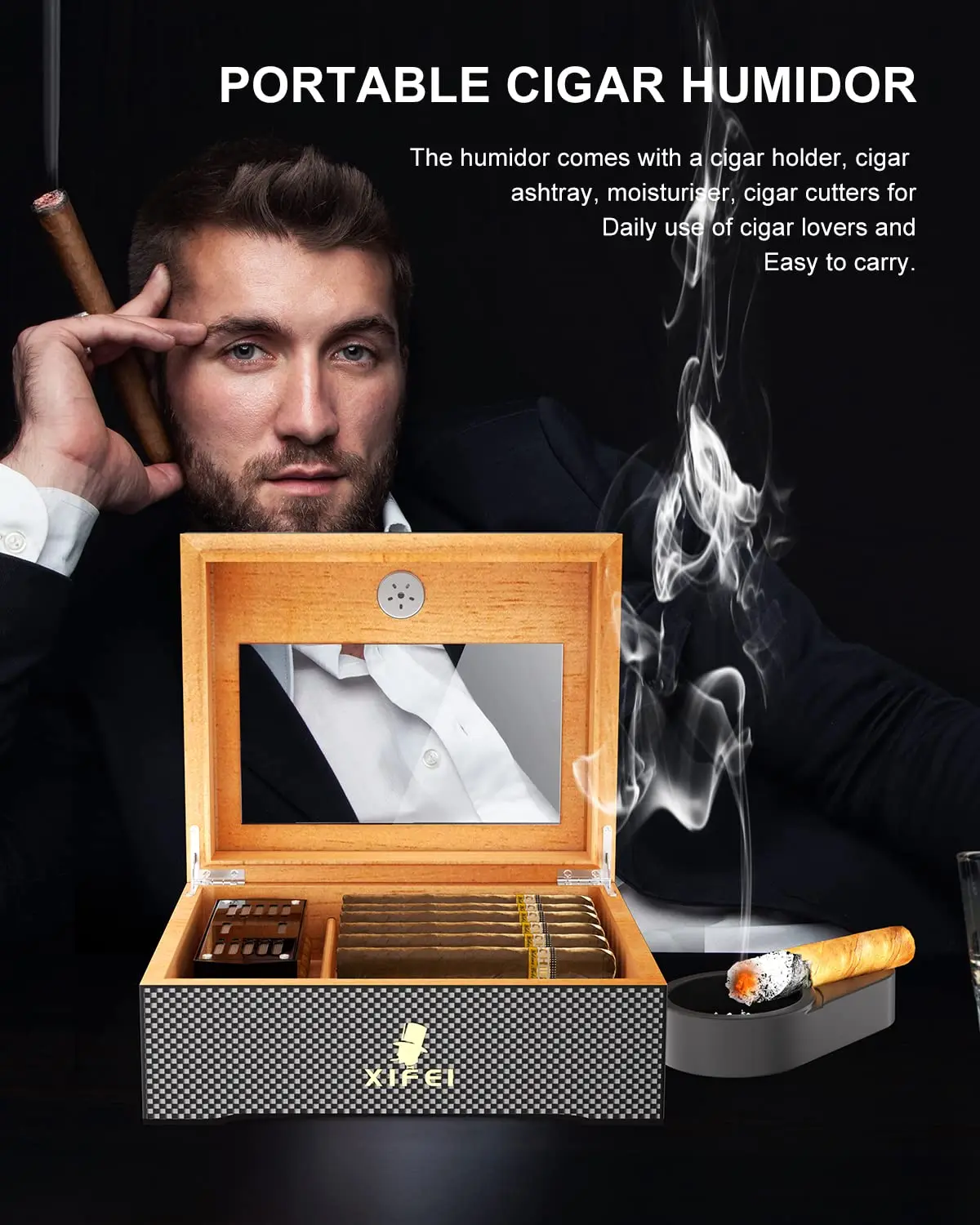 XIFEI Cigar Humidor With Hygrometer Humidifier Humidor Solution Cigar Ashtray Cigar Stand Fiber Cigar Box Fit 25-60 Cigars images - 6