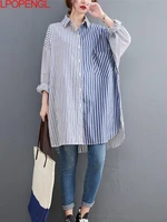 blouse casual office lady shirt women clothing oversize top tunic loose basic long sleeve spring cardigan striped patchwork top