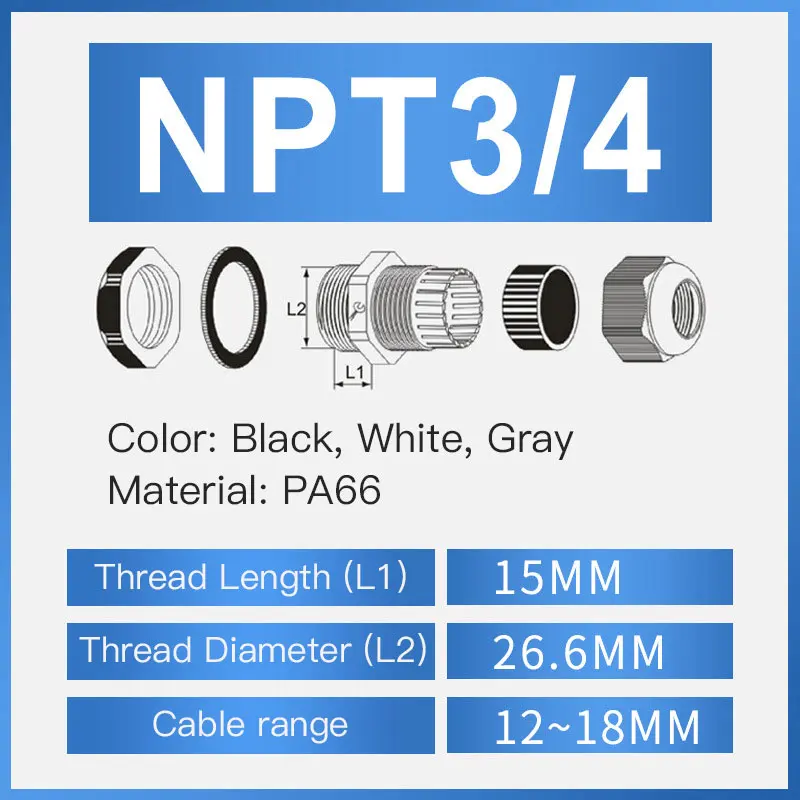 10 шт. водонепроницаемый кабельный ввод NPT 1/4 NPT 1/2 NPT 3/8 американский нейлоновый кабельный соединитель черный огнестойкий проводной разъем 4-25 мм IP68
