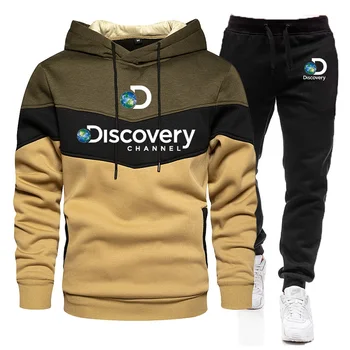 Discovery Channel Men Hoodies Sweatshirt+Sweatpants Suit New Autumn Winter Sportswear Sets Patchwork Men's Pullover Jacket Set 1